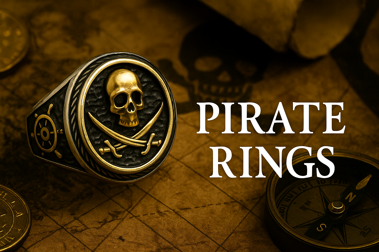 Close-up of a gold skull pirate ring on vintage map background with compass and coins, promoting pirate rings and piratecore jewelry.