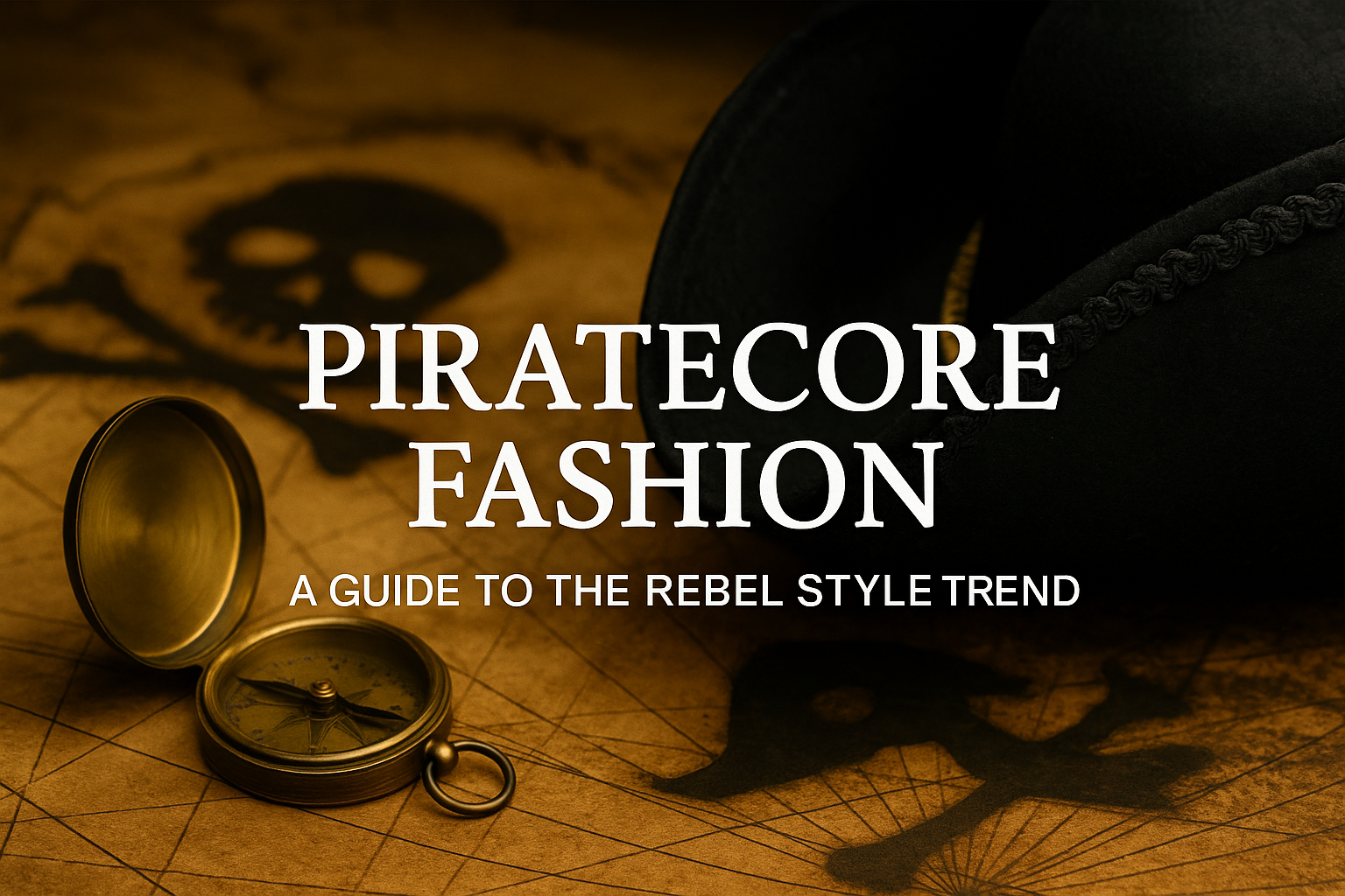 Piratecore fashion banner with corset, pirate hat, and rings displayed on vintage map background, styled for blog header.