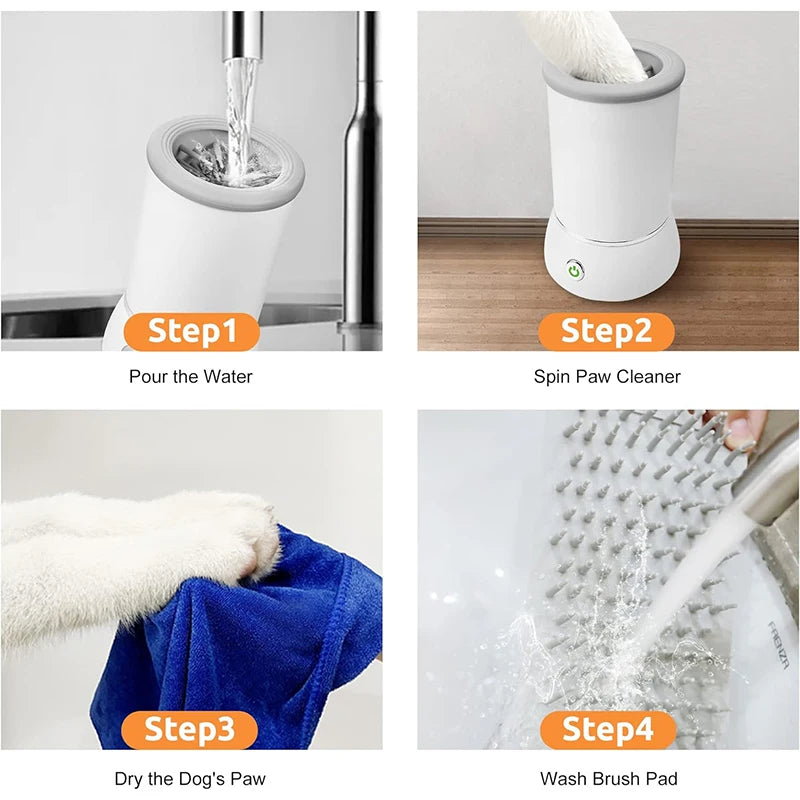 4-step visual guide showing how to use the DOGNESS pet paw washer