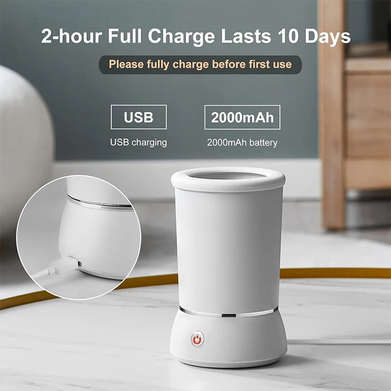 White DOGNESS paw washer charging via USB cable with battery info