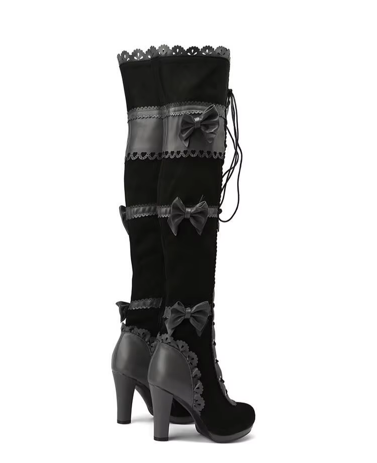 Back view of black Lolita thigh-high boots with lace and bows