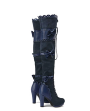 Navy blue lace-up over-the-knee boots with gothic bows and heel, back angle