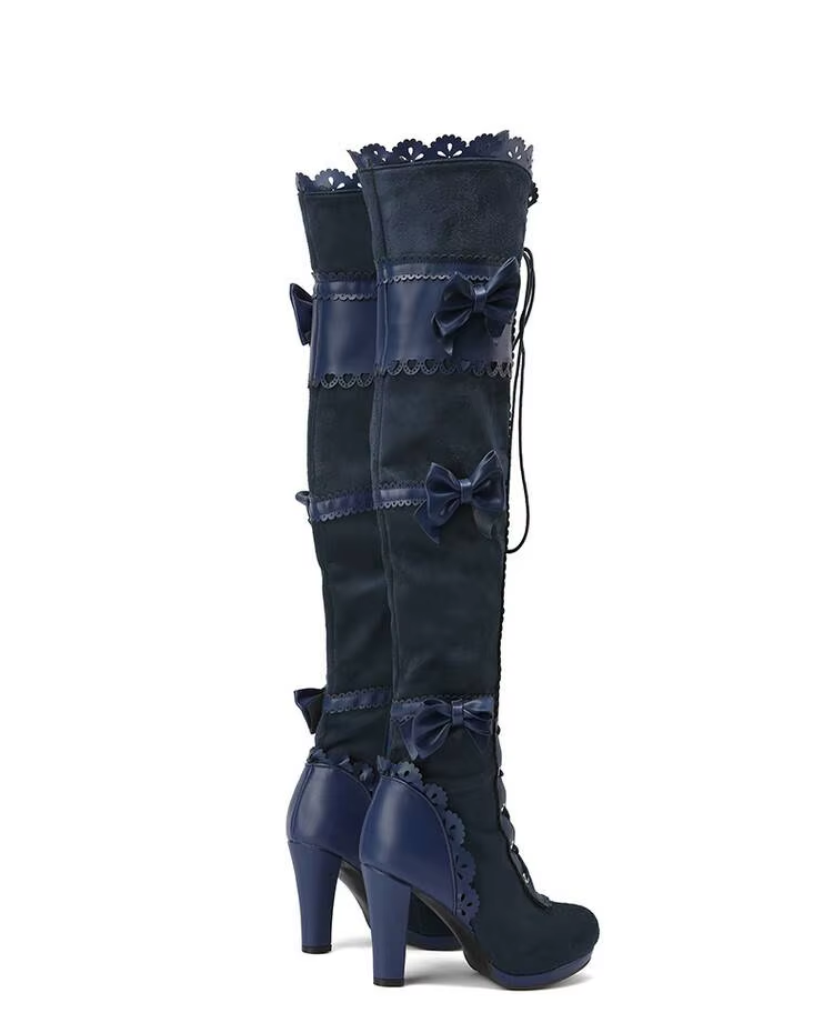 Navy blue lace-up over-the-knee boots with gothic bows and heel, back angle