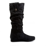 Side view of black medieval slouch cosplay boots with button strap