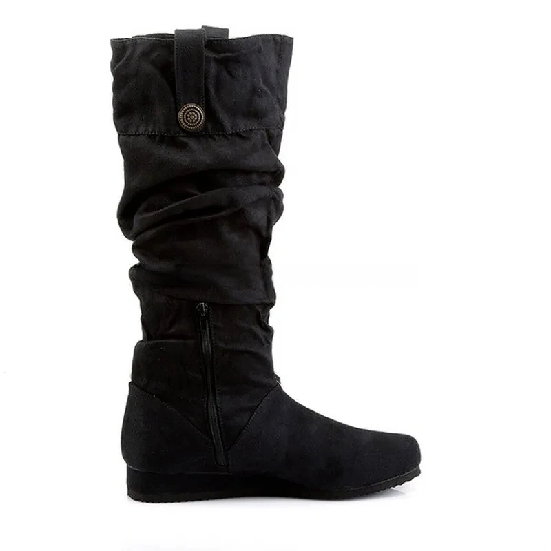 Side view of black medieval slouch cosplay boots with button strap
