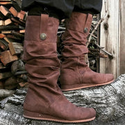 Brown gothic cosplay boots worn outdoors for a rustic, authentic look