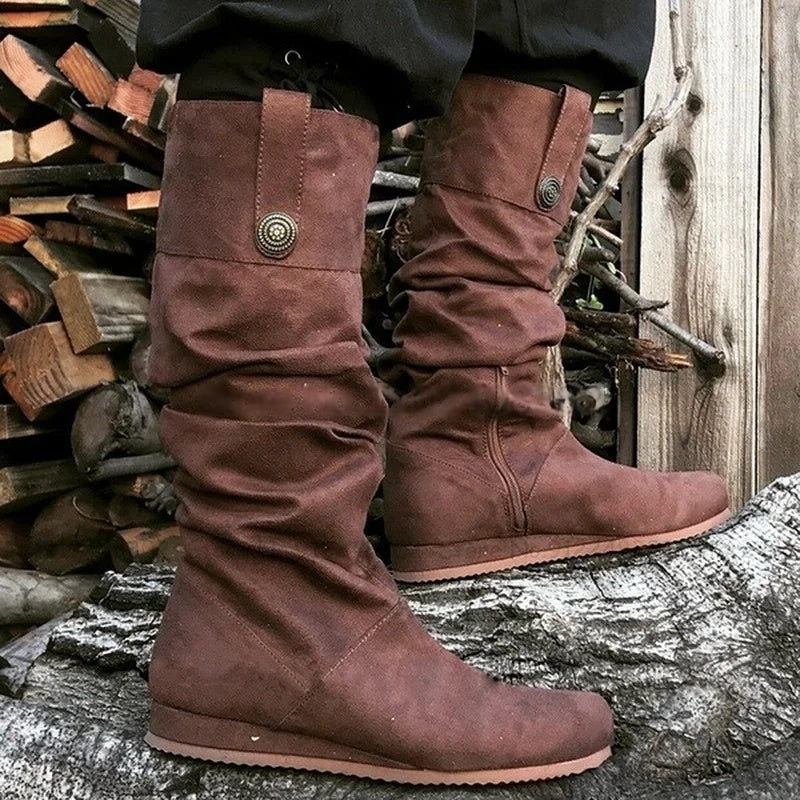 Brown gothic cosplay boots worn outdoors for a rustic, authentic look