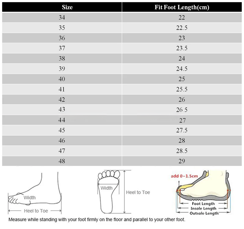 Size chart for medieval slouch boots with foot measurement instructions