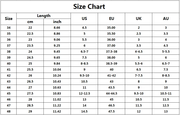 Men’s steampunk boots size chart – US, EU, UK, AU and foot length in cm and inches