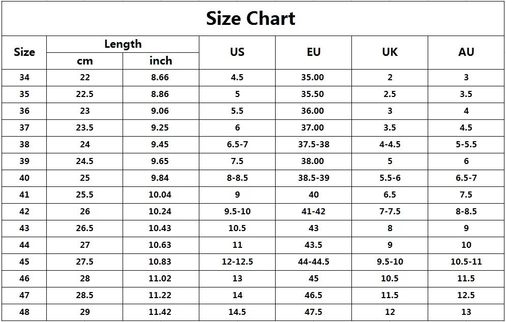 Men’s steampunk boots size chart – US, EU, UK, AU and foot length in cm and inches