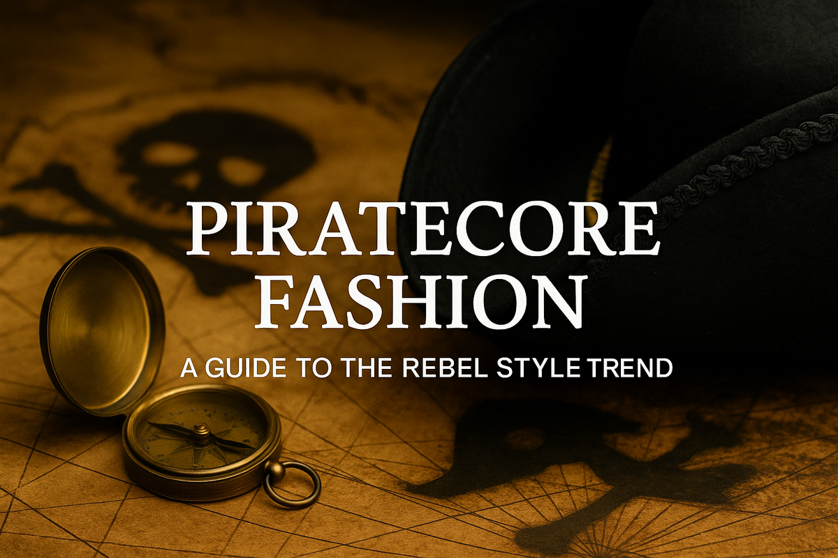 Piratecore fashion banner with corset, pirate hat, and rings displayed on vintage map background, styled for blog header.