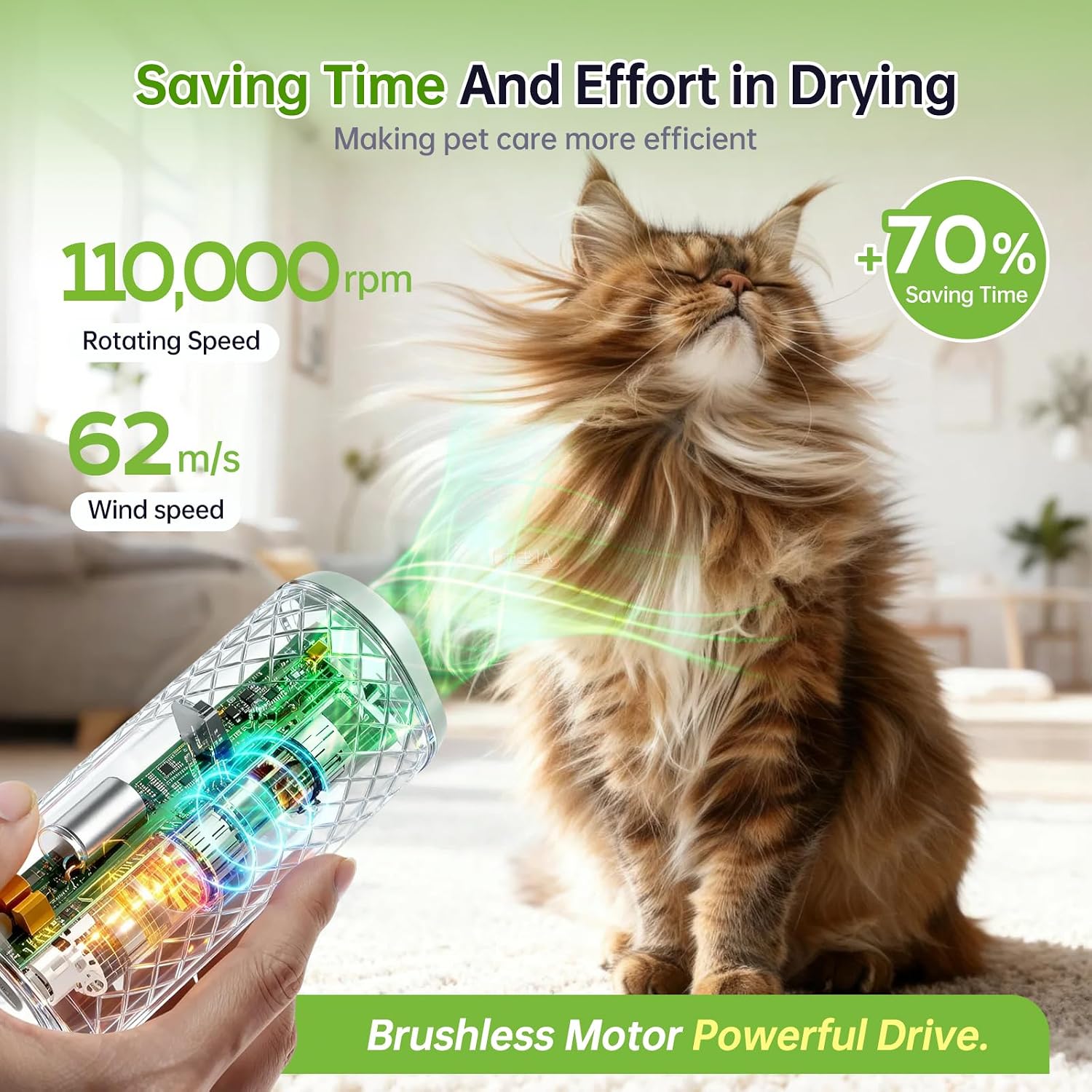 110,000 RPM brushless pet dryer with powerful airflow for cats