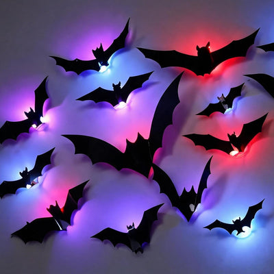 12-Piece 3D LED Bat Wall Stickers for Halloween, Multicolor Light-Up Bat Decorations