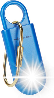 Blue 130dB personal safety alarm keychain with emergency strobe light