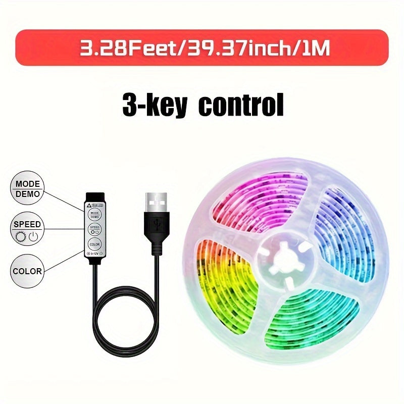1-meter USB-powered RGB LED strip featuring adjustable lighting with 3-key control