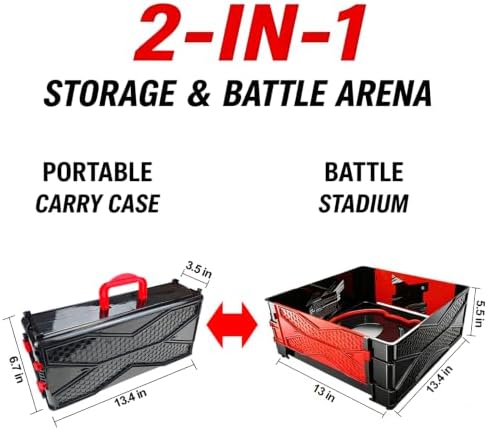 2-in-1 foldable spinning top battle arena transforming from portable carry case to battle stadium
