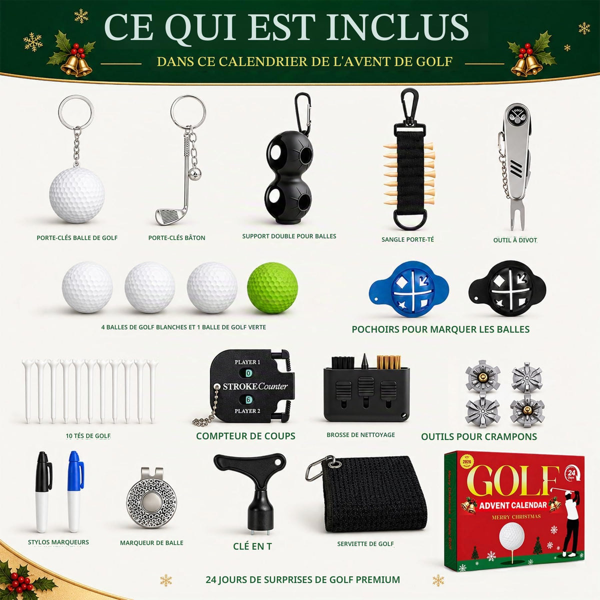 Golf advent calendar contents including balls tees markers towel and tools