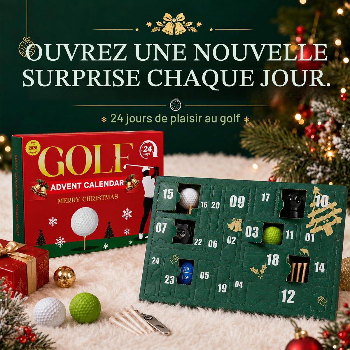 Golf advent calendar opened to reveal assorted daily golf surprises