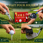Golf accessories in use including divot repair ball marker tee and club brush