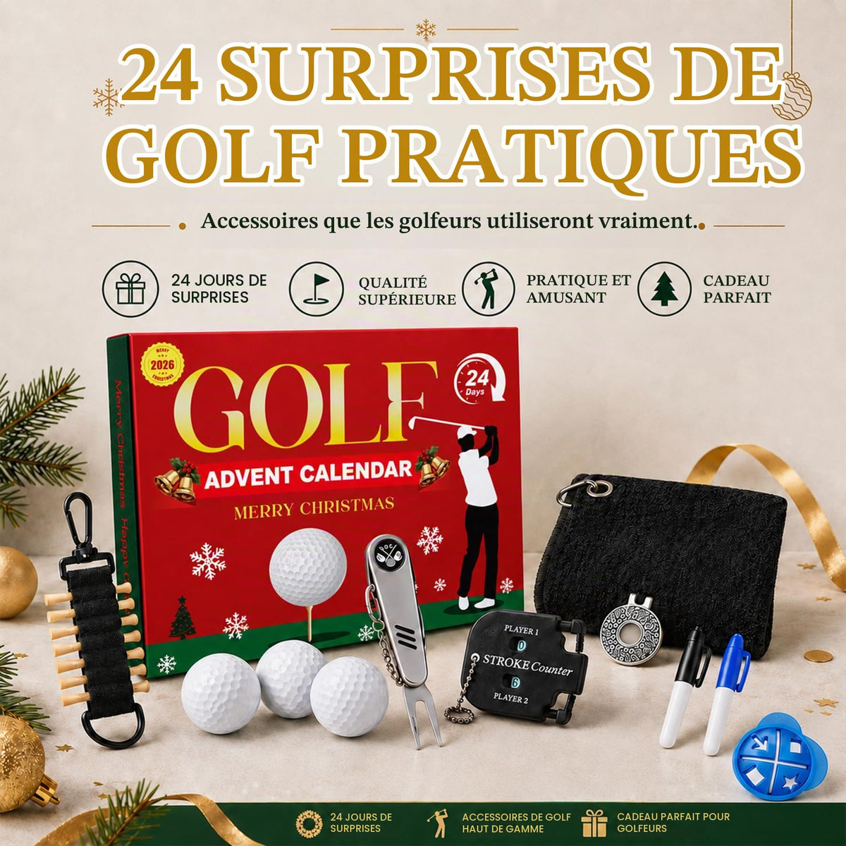 2026 golf advent calendar with golf balls tees divot tool and towel