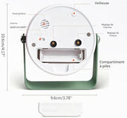 Back view and dimensions of the compact battery operated analog alarm clock
