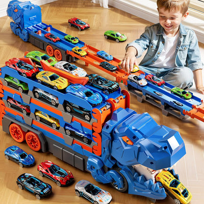 3-in-1 Dinosaur Car Carrier Race Track Toy with 12 Die-Cast Cars for Kids Ages 3-8