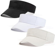 Three adjustable sun visor hats in black, white and beige for men and women