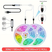30-meter RGB LED strip light setup with dual roll USB connection for flexible decor
