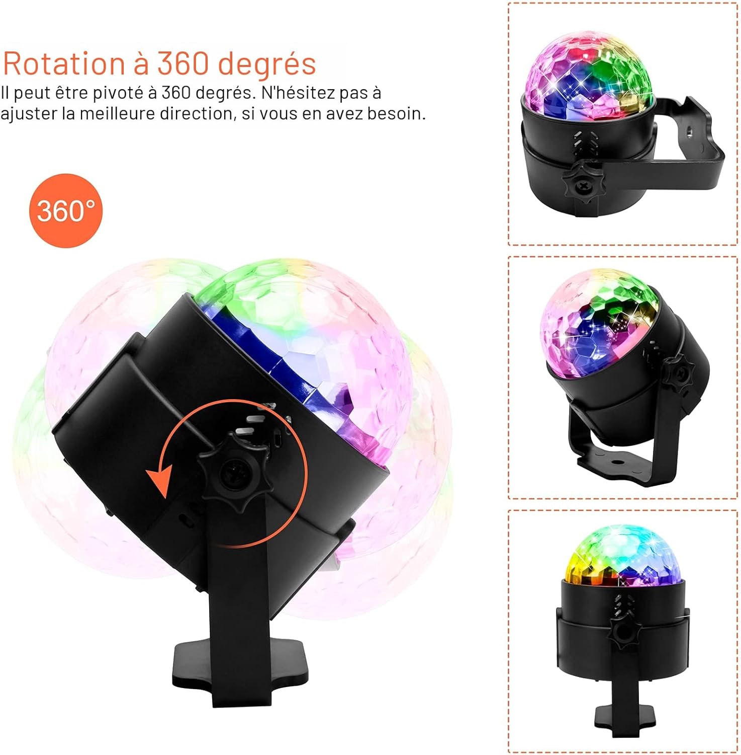Adjustable 360 degree rotating LED disco light for flexible lighting direction