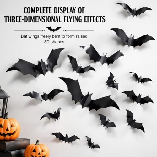 Oversized black Halloween bat wall decorations with raised three-dimensional flying effect
