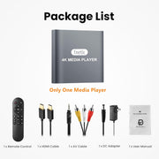 Package contents including media player remote HDMI cable and adapter