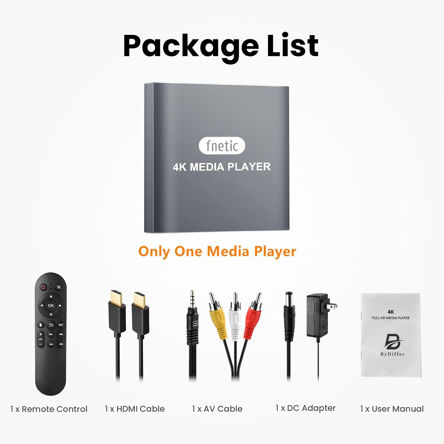 Package contents including media player remote HDMI cable and adapter