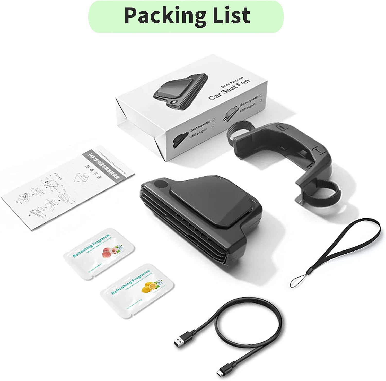 Packing list with car seat clip, packaging, and accessories on a white background