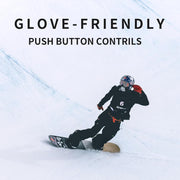Snowboarder using Origem helmet speakers with glove-friendly push controls