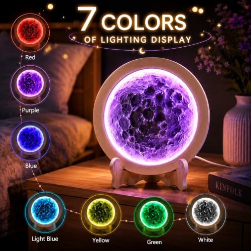 DIY moon lamp displaying seven LED lighting colors including purple, blue, green and white
