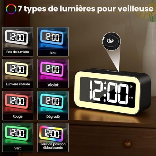 Digital alarm clock with seven color ambient night light modes