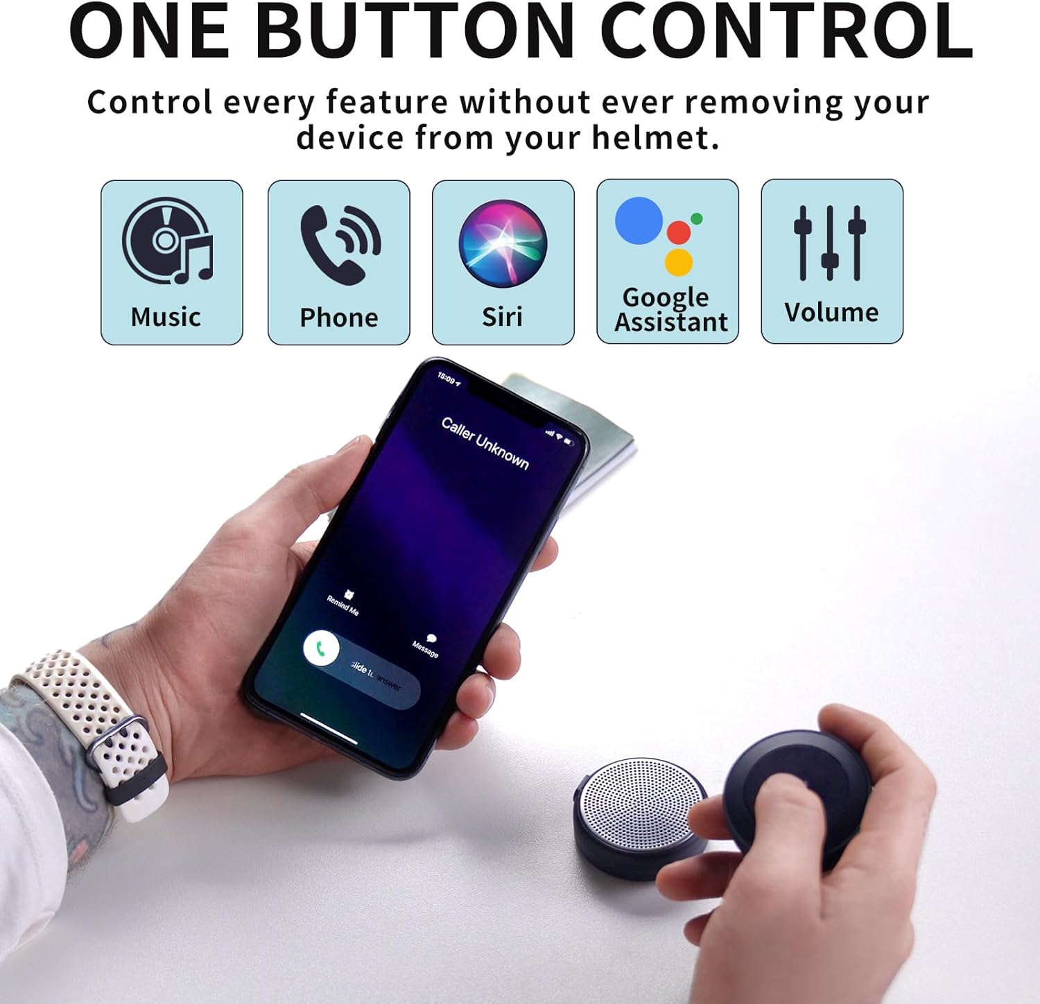 One-button control feature of Bluetooth ski helmet speakers with phone integration