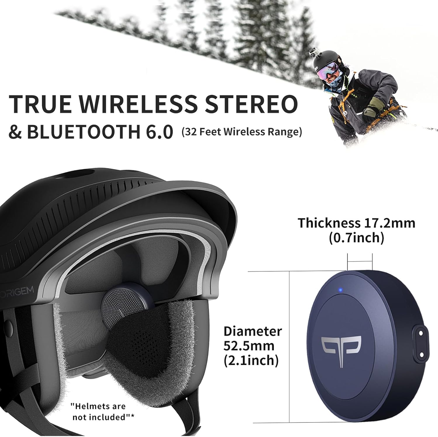 Diagram showing Origem wireless speakers fitting into ski helmet