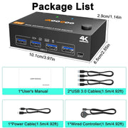 Dual monitor KVM switch package with USB 3.0 cables wired controller and power cable