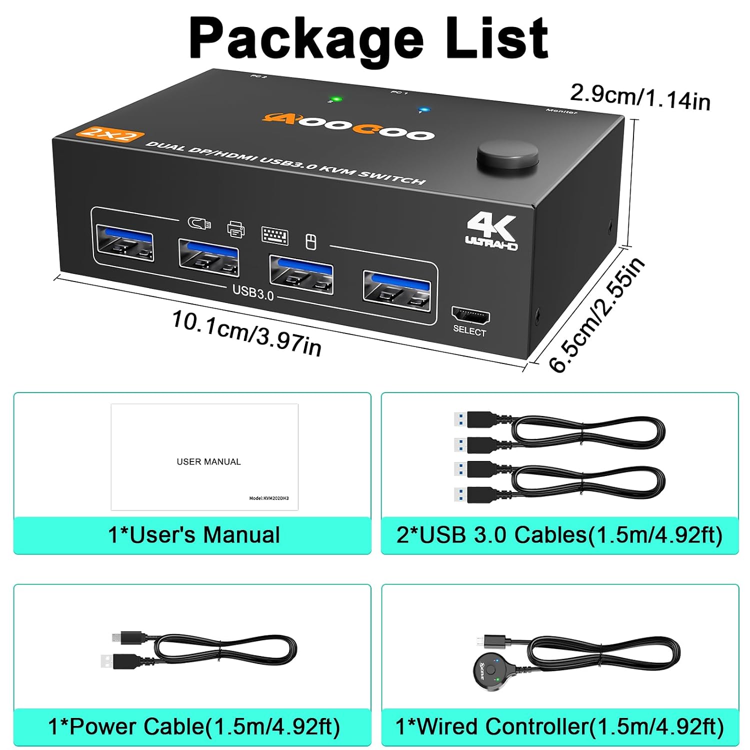 Dual monitor KVM switch package with USB 3.0 cables wired controller and power cable