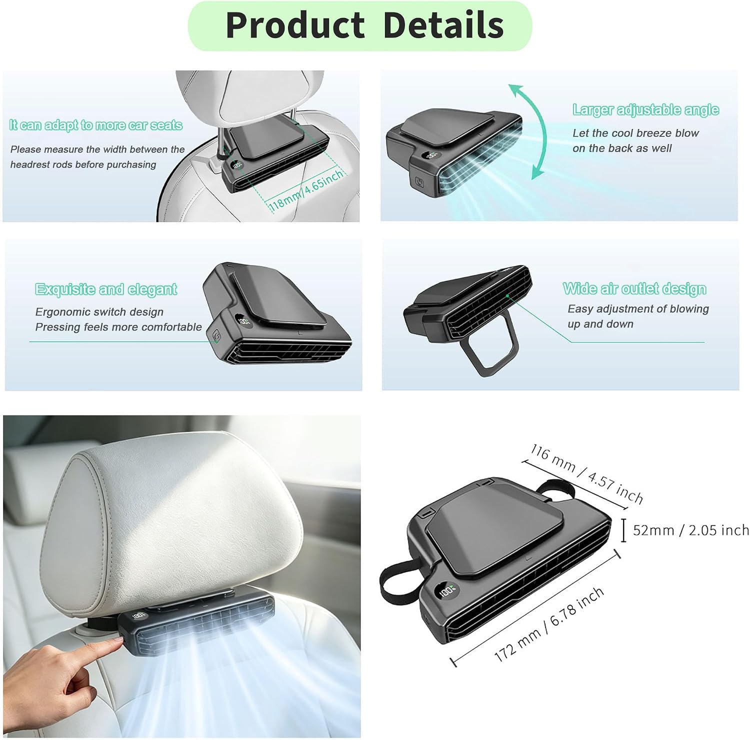 Car air conditioner with features and measurements displayed on a light blue background