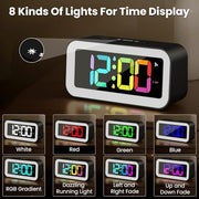 RGB LED digital alarm clock with eight color display modes including dynamic color effects