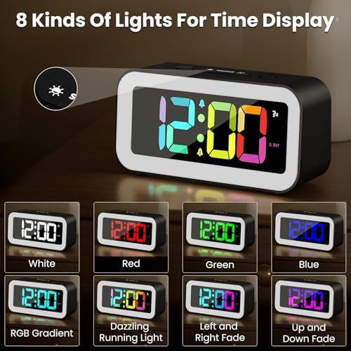 RGB LED digital alarm clock with eight color display modes including dynamic color effects