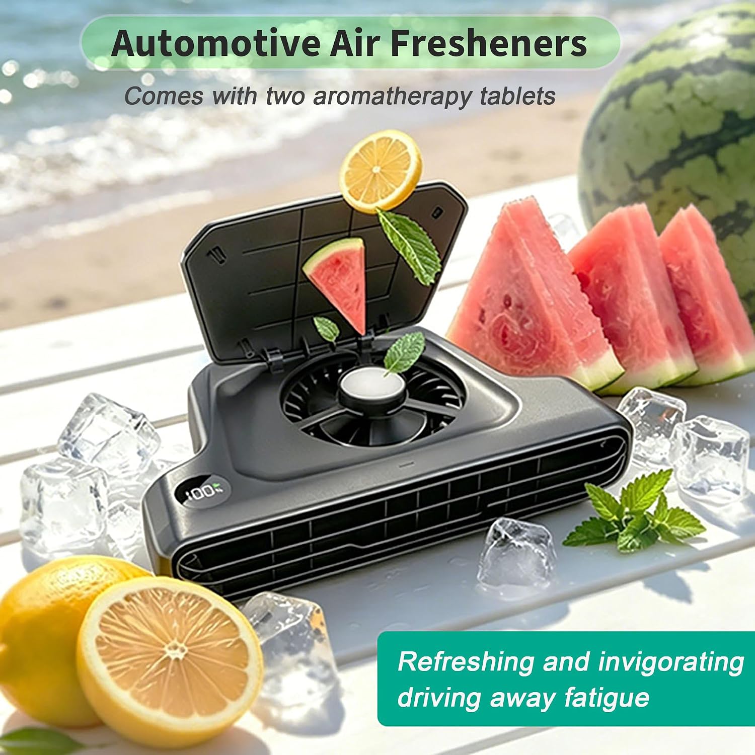 Automotive air freshener with watermelon and lemon slices on a beach setting
