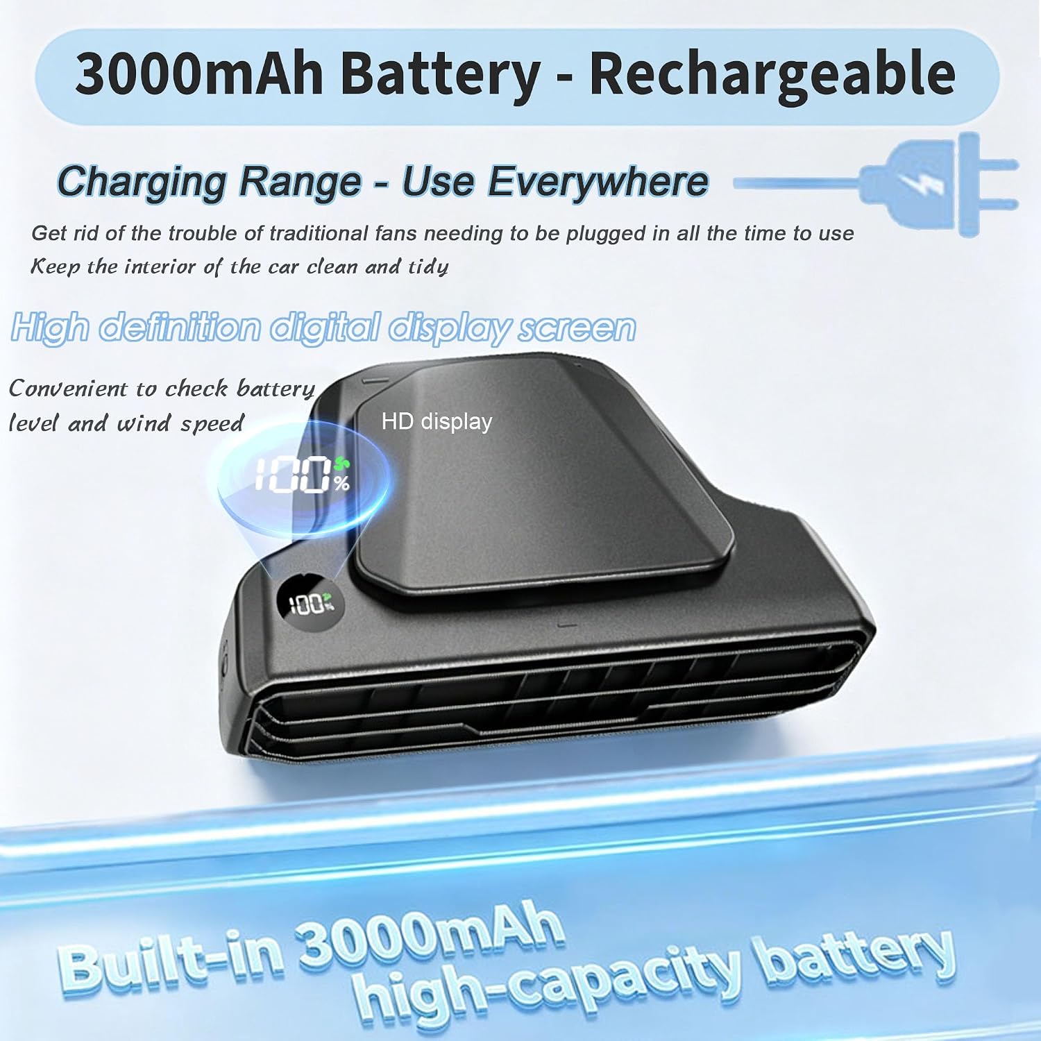 Car fan with 3000mAh battery and digital display on a light blue background