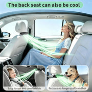 Car interior with a woman, baby, and dog using a cooling product, with text indicating the back seat can be cool.