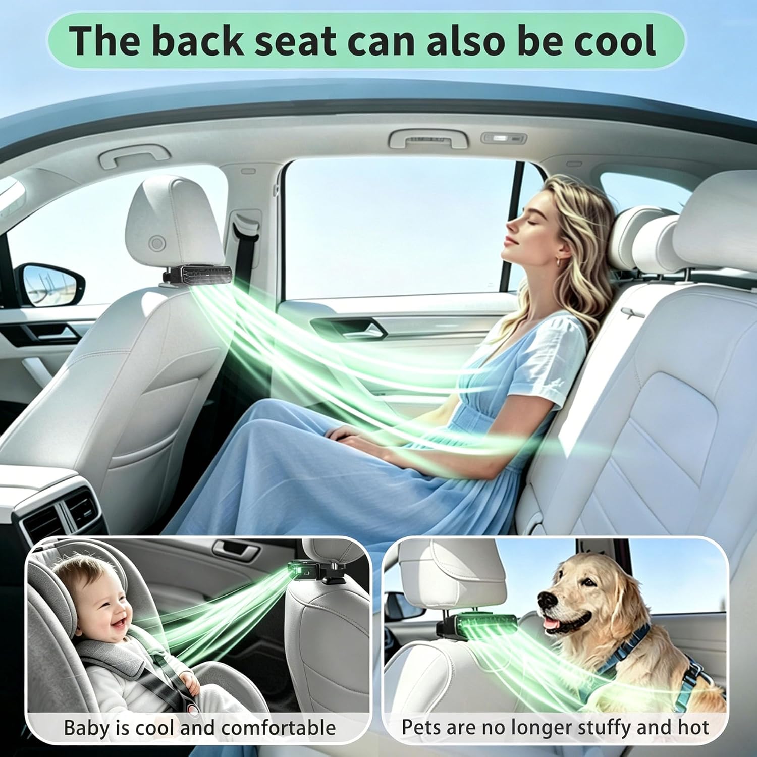 Car interior with a woman, baby, and dog using a cooling product, with text indicating the back seat can be cool.