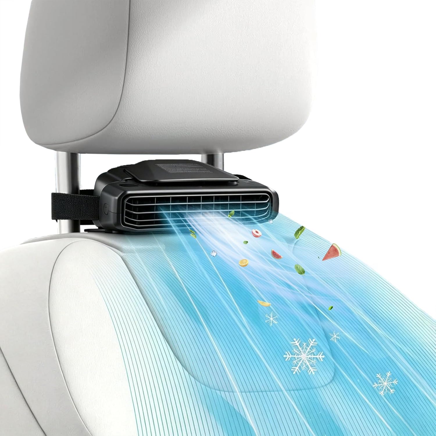 Car air freshener with illustrated cooling effect on a white background