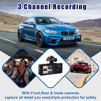 🚗 3-Channel Dash Camera 1080P + 32GB Card 🚗