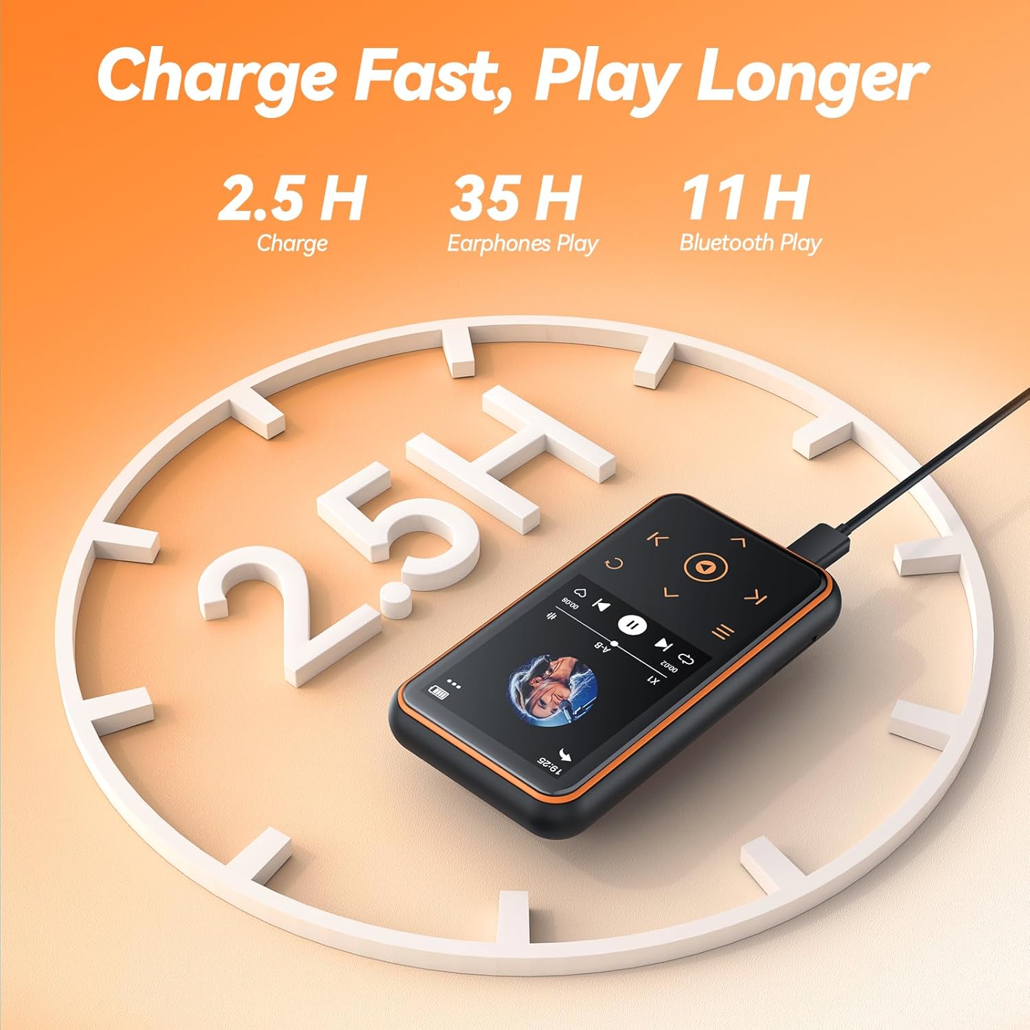 AGPTEK MP3 player charging with details about battery life and quick charge time.